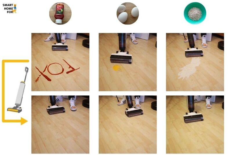 Man sieht, wie der Tineco Floor One S5 Combo feuchte Verschmutzungen von einem Holzboden entfernt.